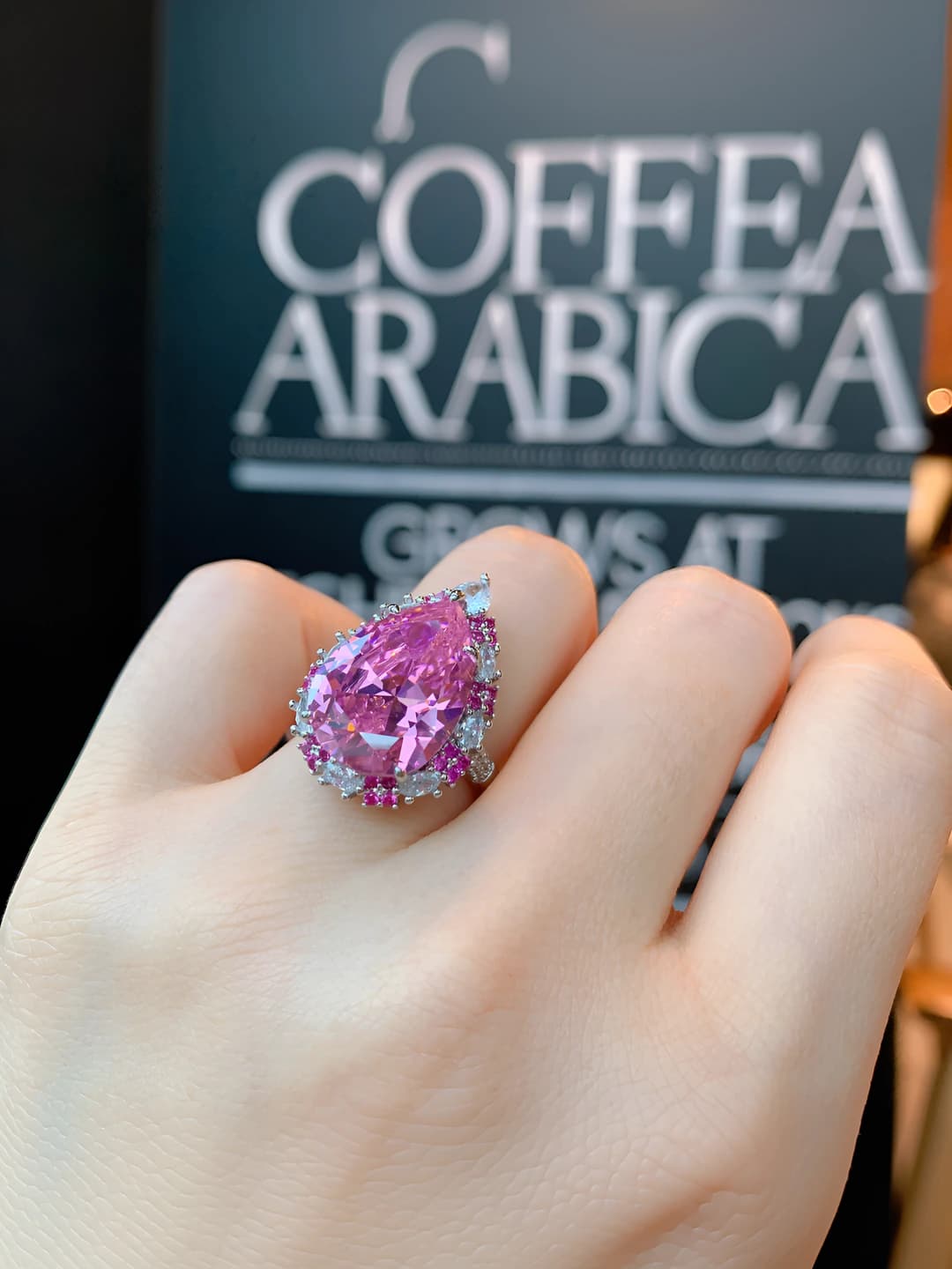 Women's retro ring with pink simulated diamond teardrop stone, 13*18 mm