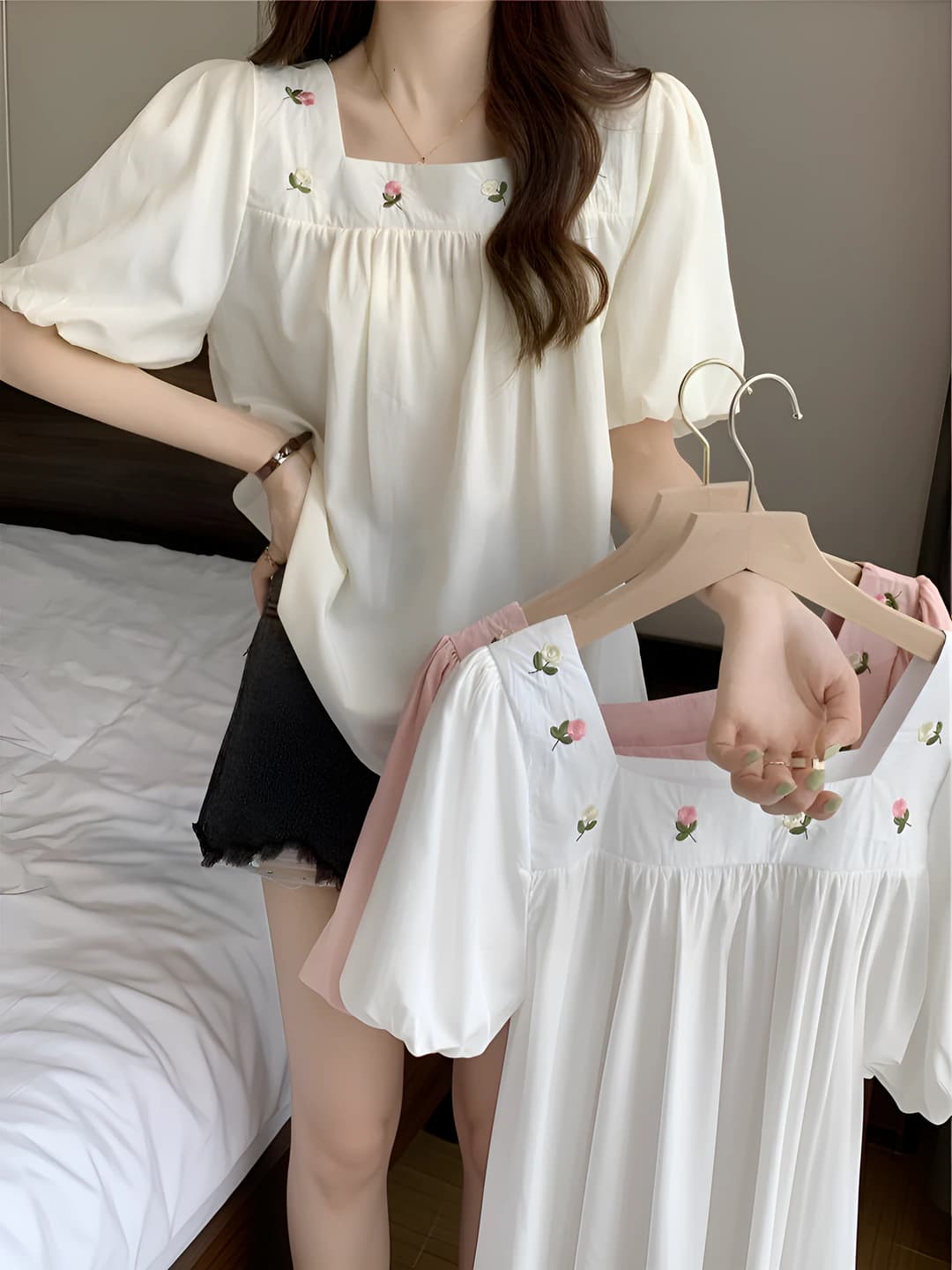 Women's summer embroidered blouse, U-neck, short sleeve, loose fit, plus size