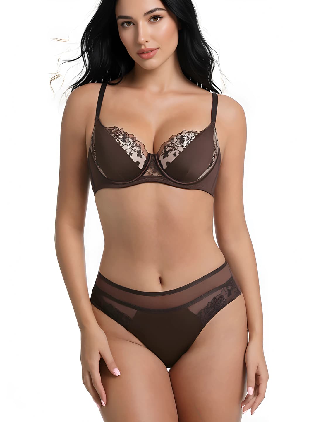 Women's thin lace embroidered underwear set: bra and briefs, breathable, makes large bust look smaller