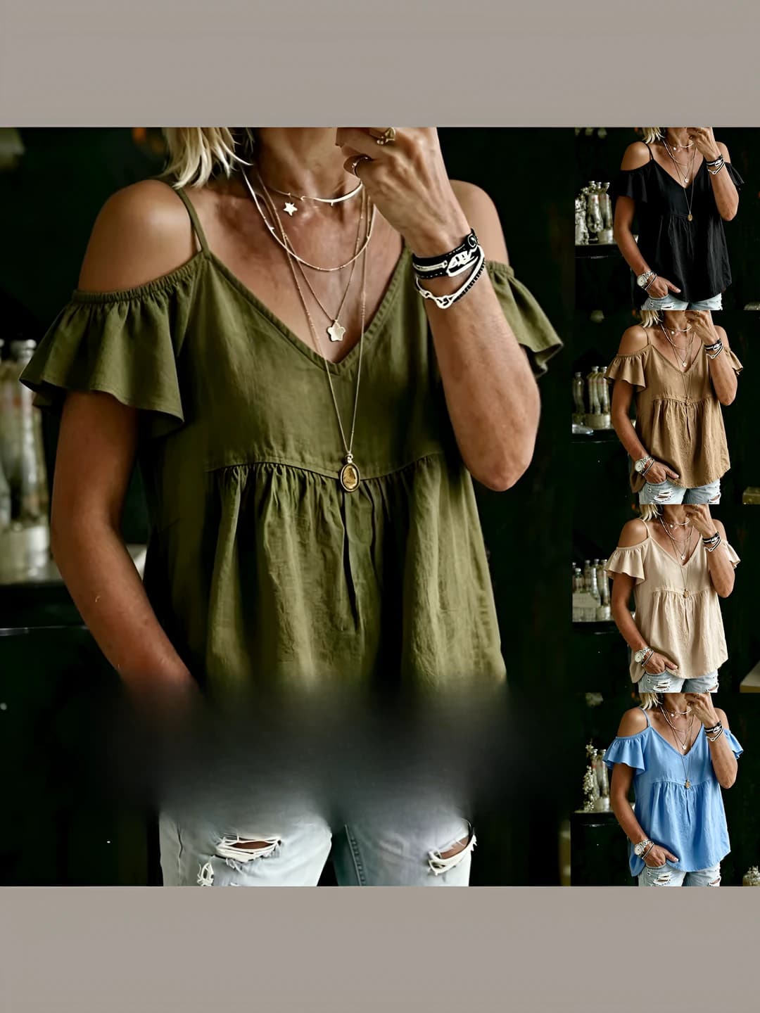 Ayollar uchun yozgi kundalik uslubdagi, yelkalari pastga tushirilgan, V-yoqali, kalta yengli, nozik ko'rsatadigan, bo'sh (oversize) kesim, bir rangli, yopiq yengli top