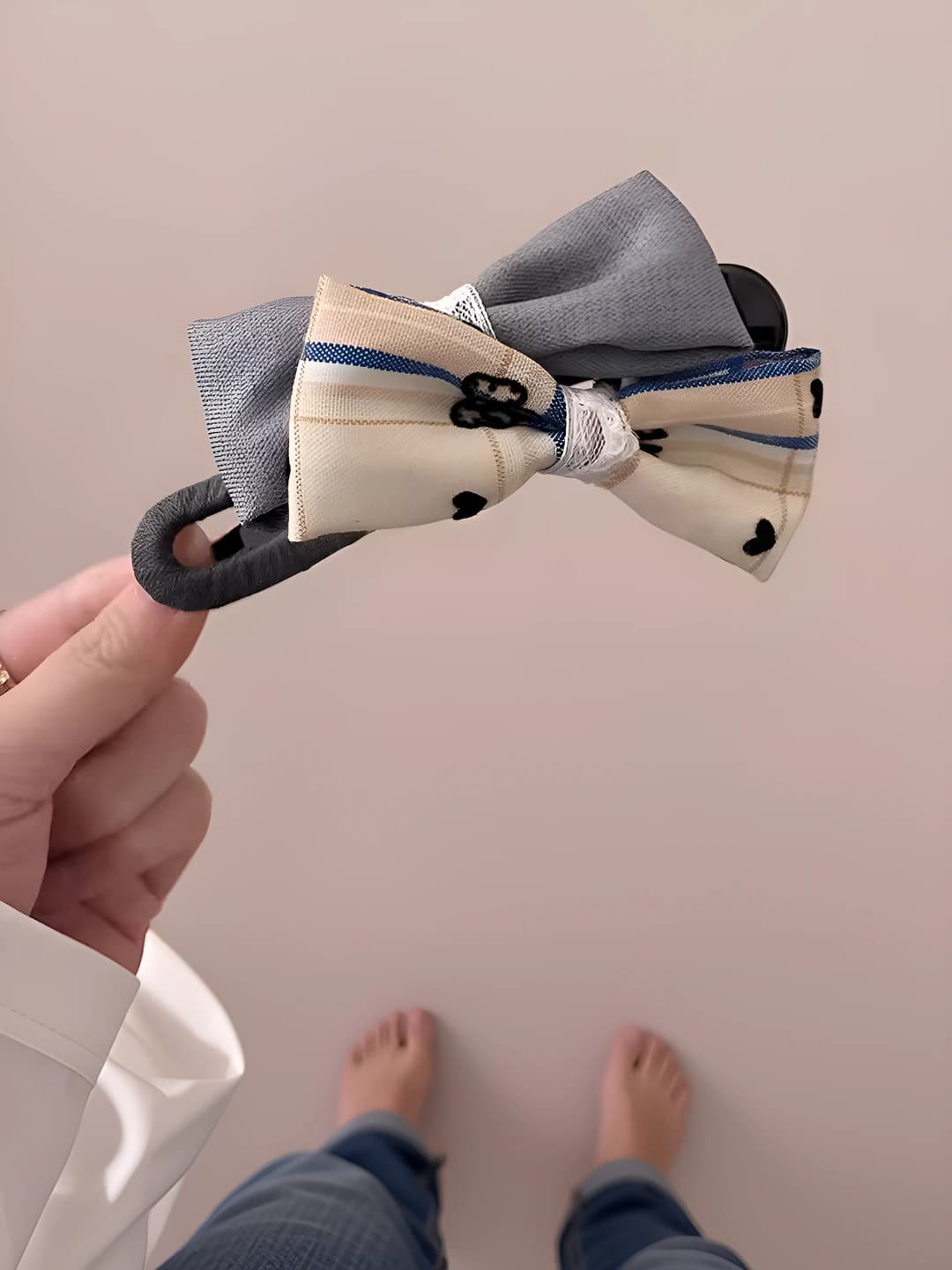 3# Light blue + blue striped double bow clip ~11.5 cm