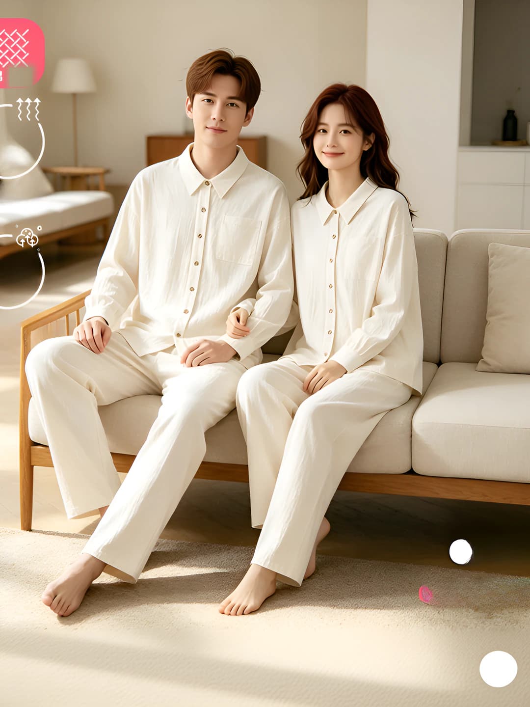 Women's cotton-linen loungewear set: long sleeve blouse and trousers, thin, breathable, for spring, summer and autumn
