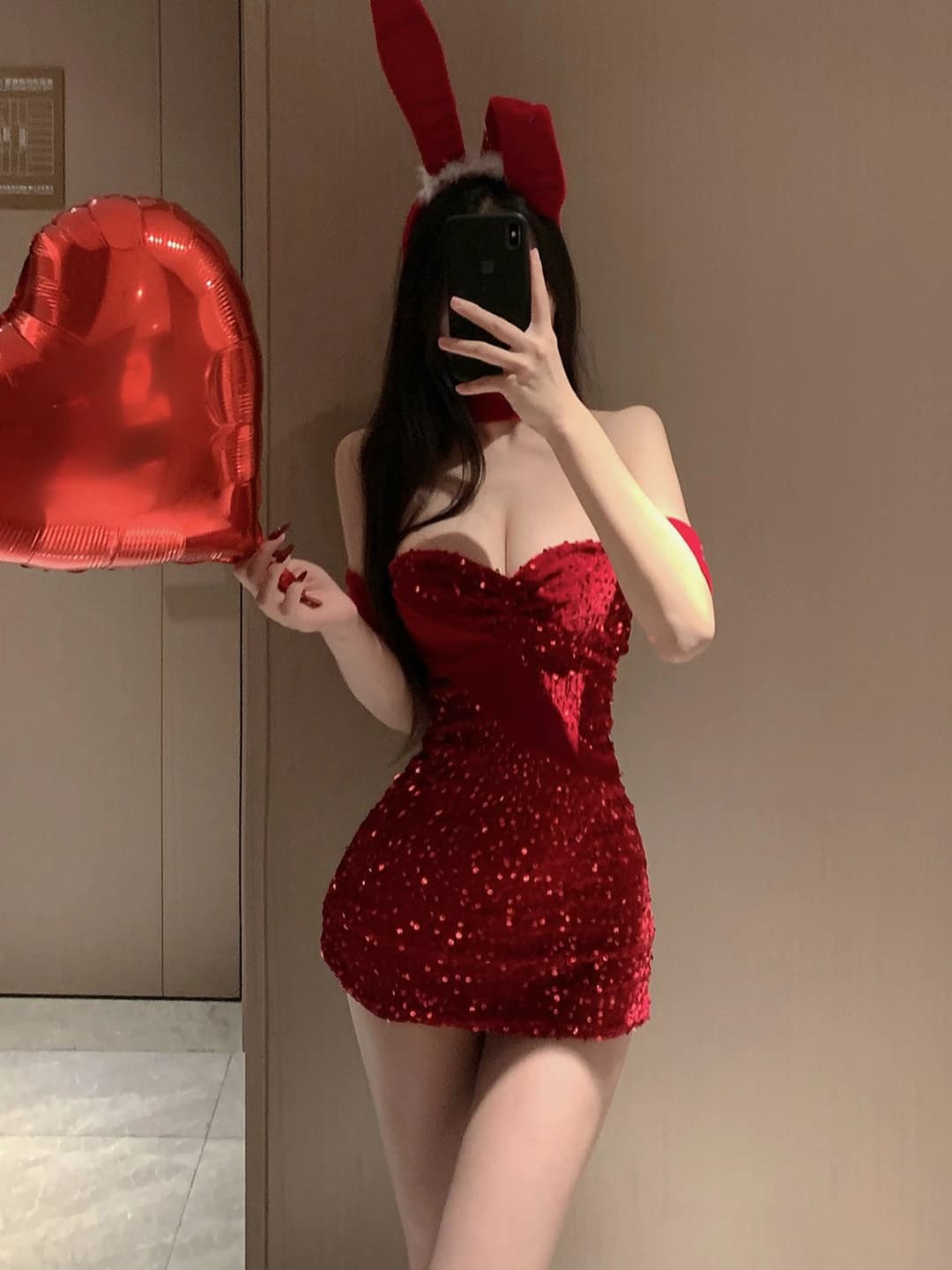 Red sparkly set: ears, skirt, neck ring, wristband, T-shirt