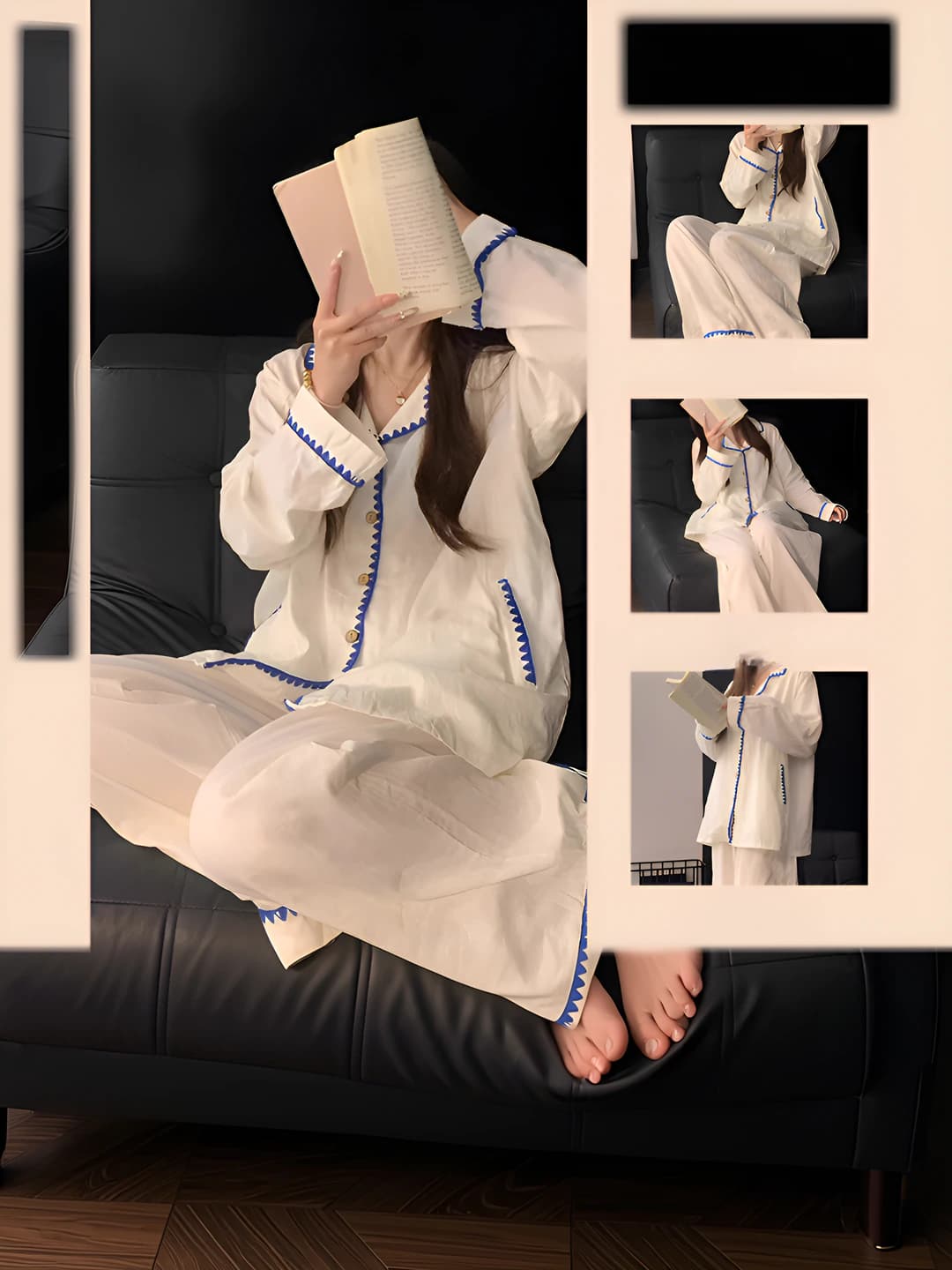 Ayollar uchun bahor-kuzgi pijama to'plami: kardigan va uzun shim, uzun yeng, bo'sh (oversize) fit, kontrast ranglar, uy kiyimi
