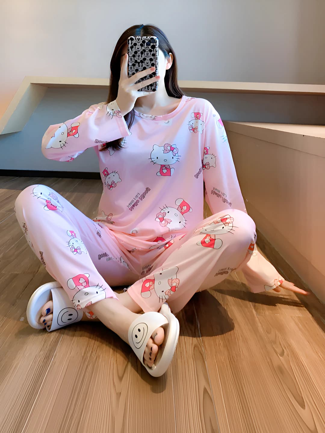 Women's Korean style ins pajama set, thin, long sleeve, trousers, crew neck, breathable, casual, loungewear