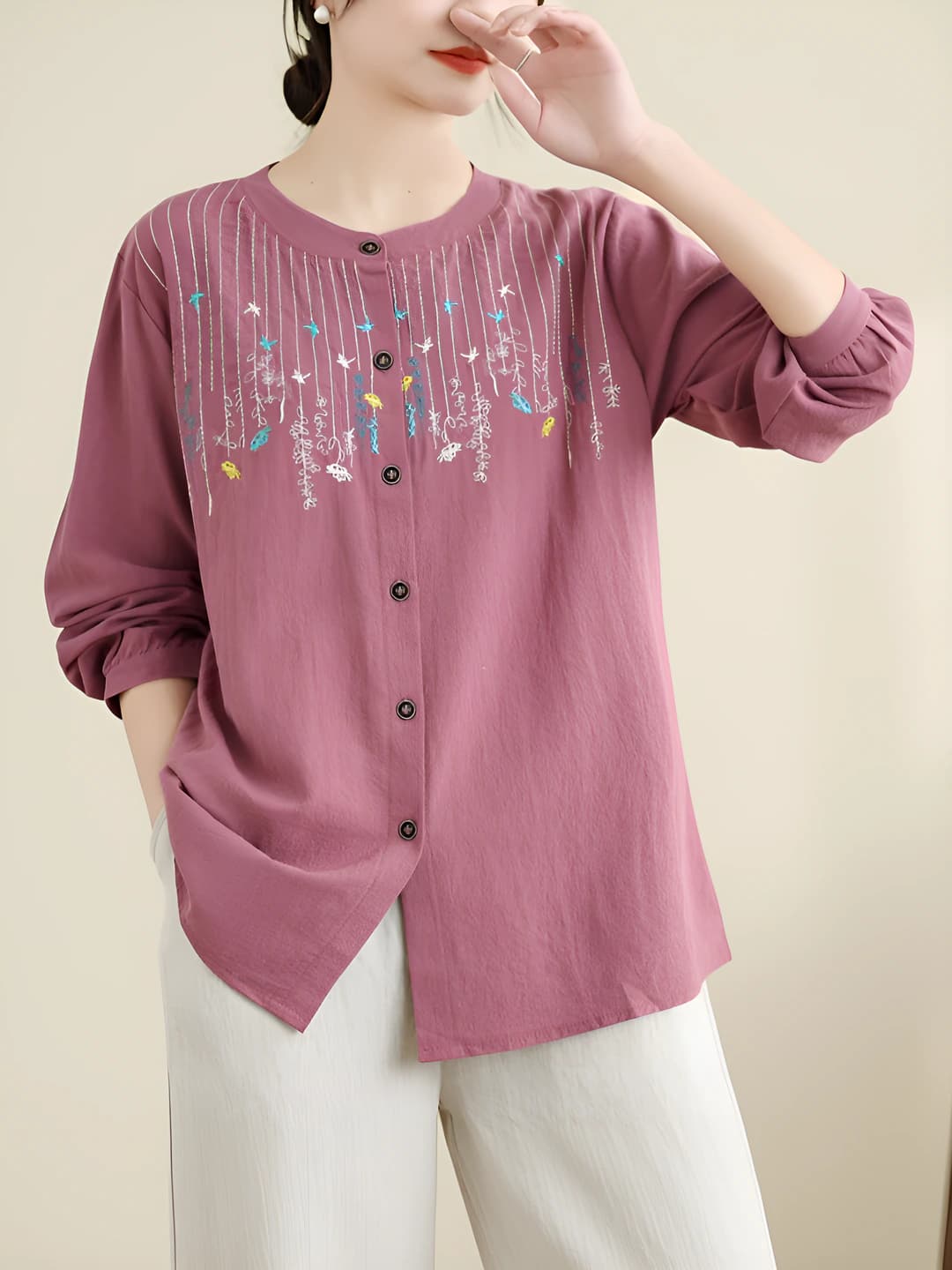 Women's long-sleeve embroidered blouse for summer, plus size, slimming loose fit