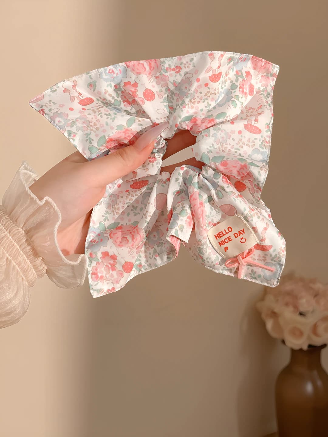 3# Розовый мелкий цветочный квадратный платок-резинка ~21*22 см