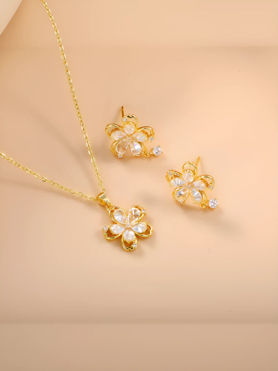 Women's gold zircon flower earrings and necklace set, 2026, copper alloy