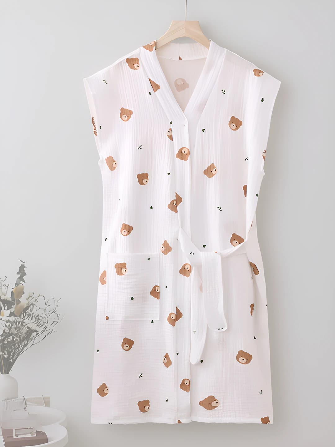 Women's summer pure cotton bath robe, sleeveless, thin, quick-dry, double-layer, bubble fabric