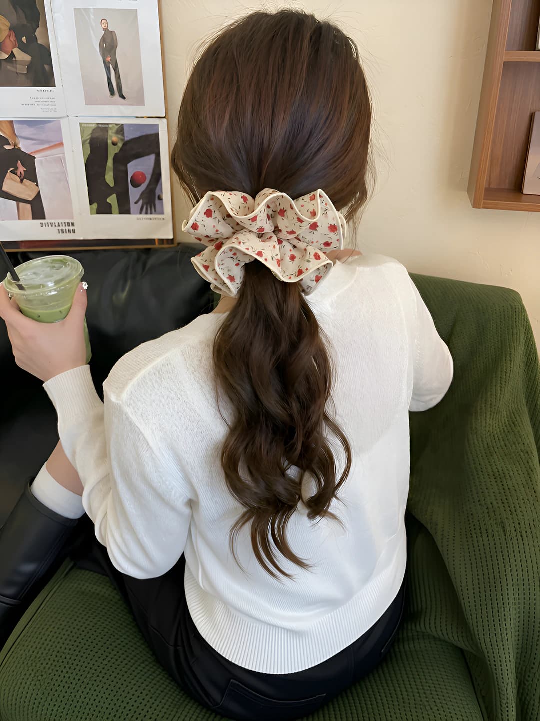 Women's retro floral fabric scrunchie hair tie, Korean style, loose fit, polyester, polka dot