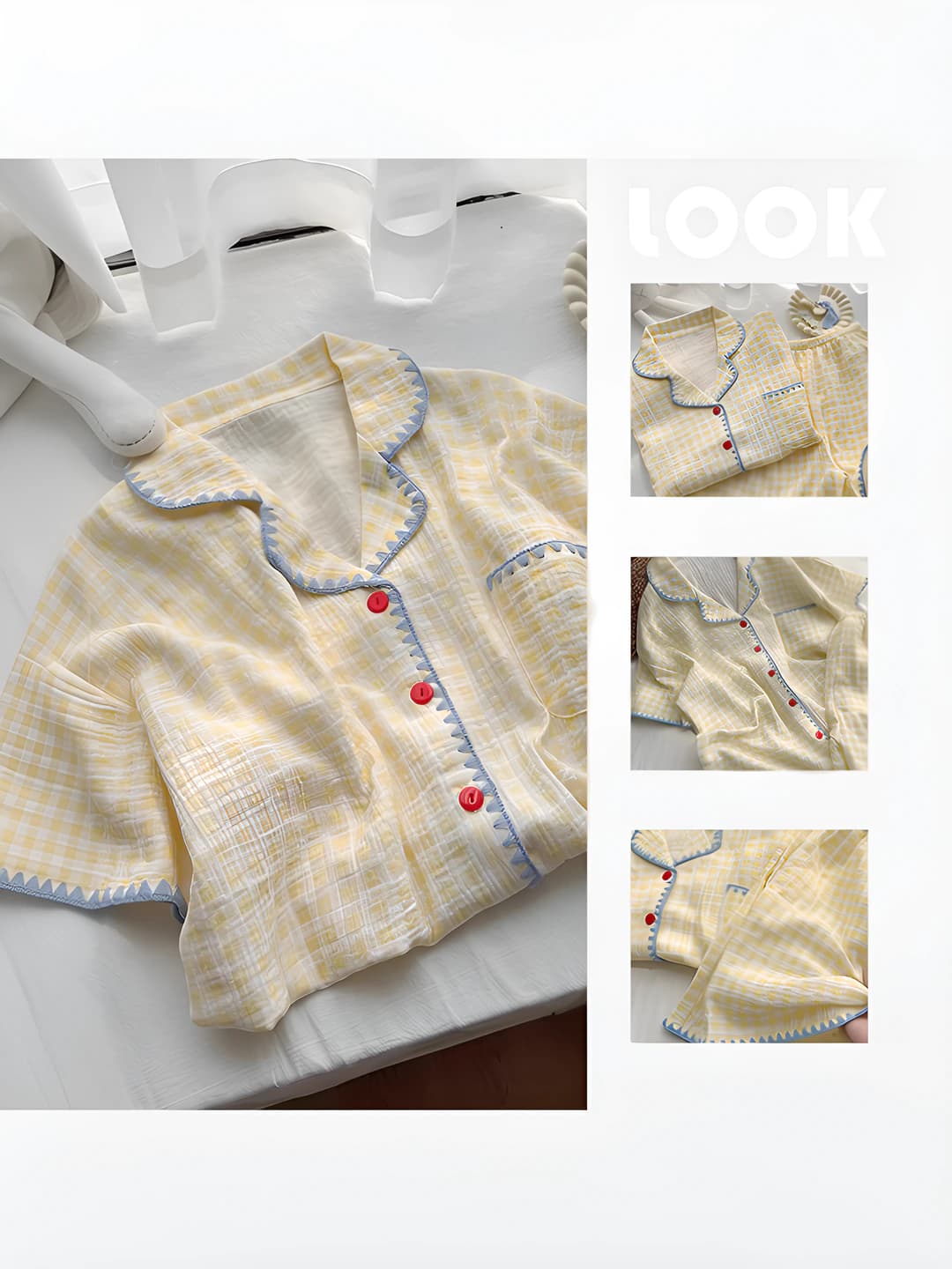 Ayollar uchun yozgi katak pijama to'plami (top + shorti), polyester, qaytarma yoqa, yarim yeng, uy kiyimi, kundalik uslub