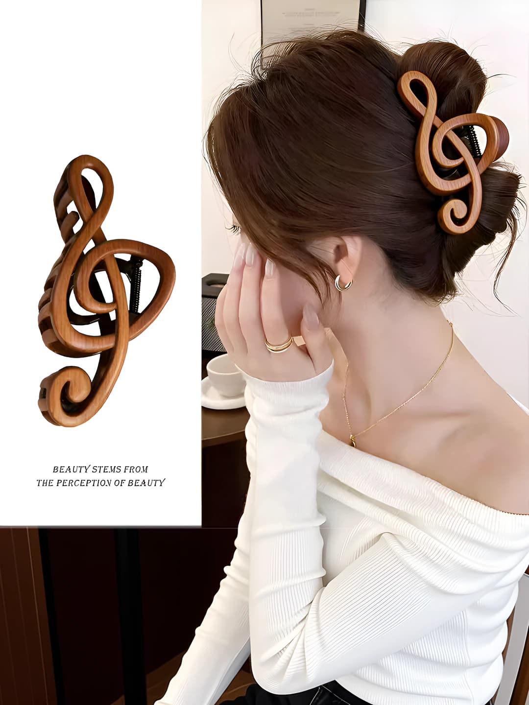 Women's 13 cm wood grain music note hair clip