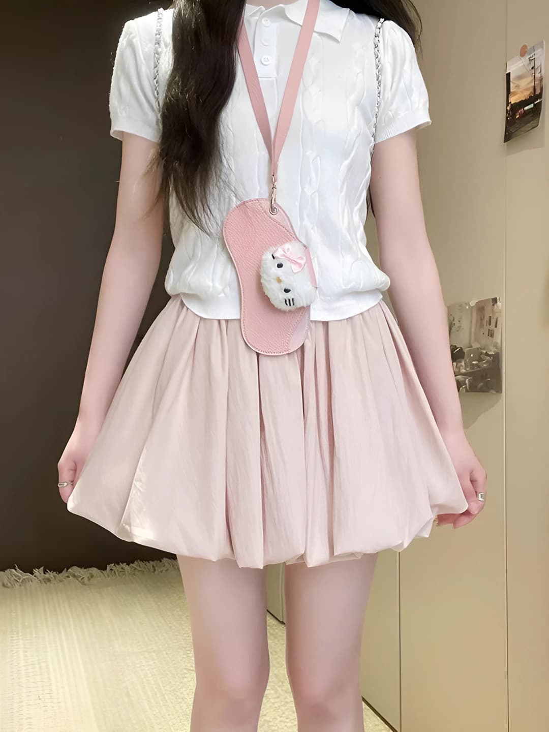 Women's pleated short skirt: red, solid colour, thin, high waist, slimming, for petite, spring-autumn, casual