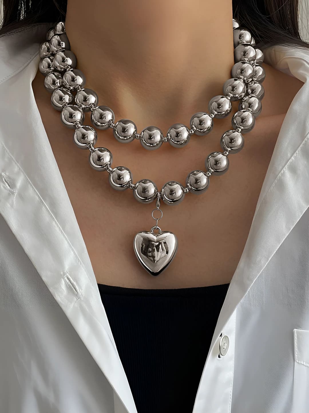 Women's metal heart set: short chain, earrings and ring