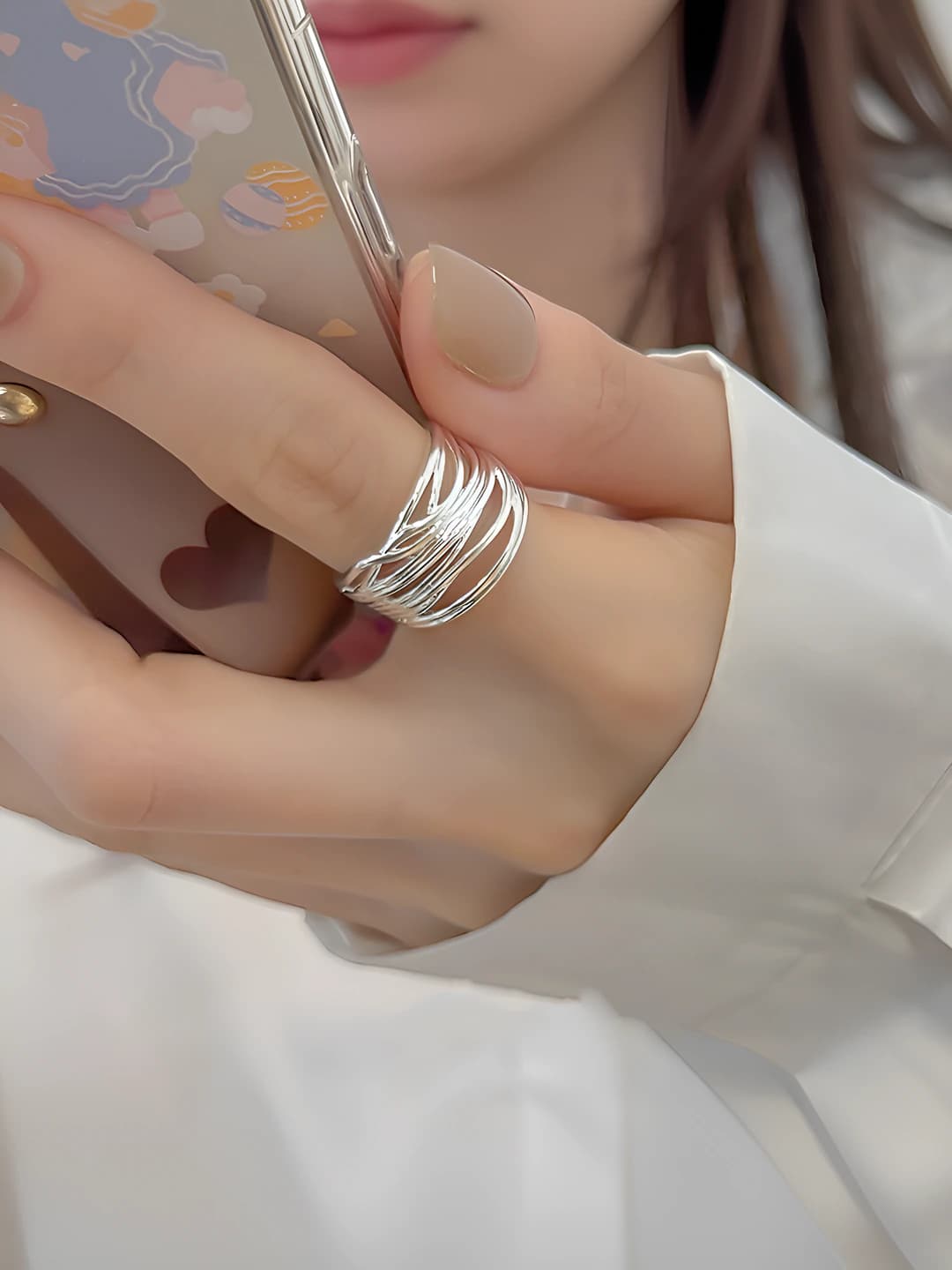 Women's geometric, multi-layered, linear, thin, open ring