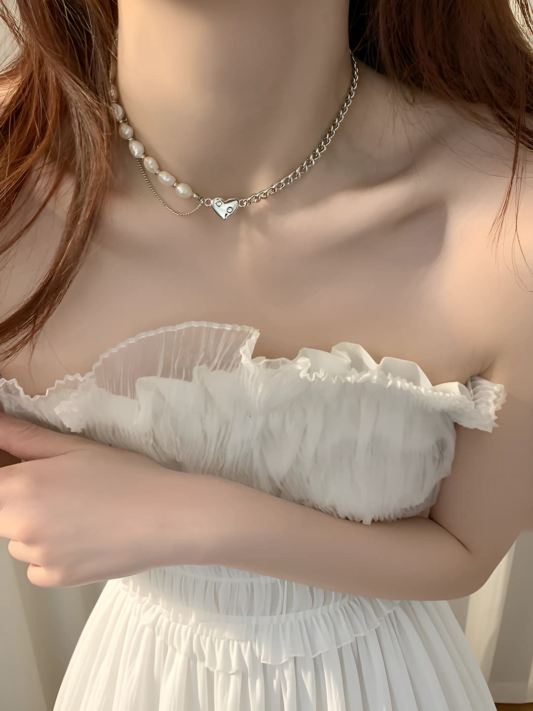 Chain pearl heart necklace
