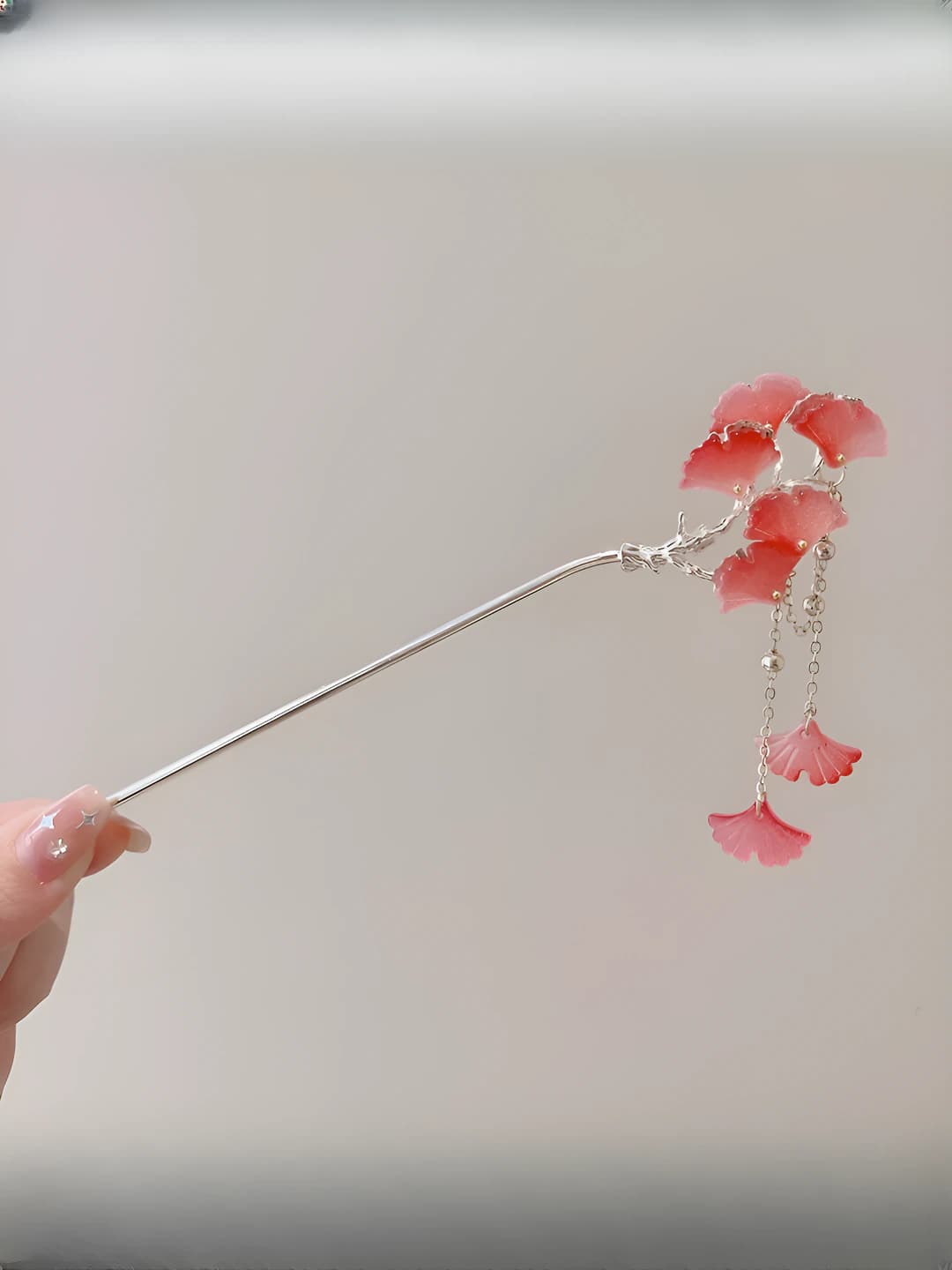 87# Watermelon red apricot leaf tassel hair pin - Silver