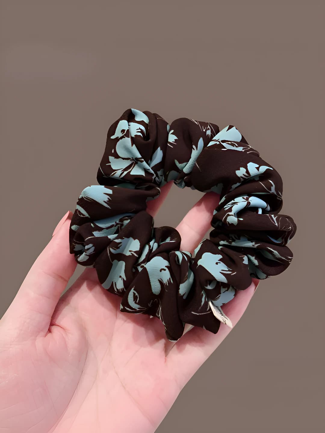 2# Large printed scrunchie: Blue-coffee floral ~10cm