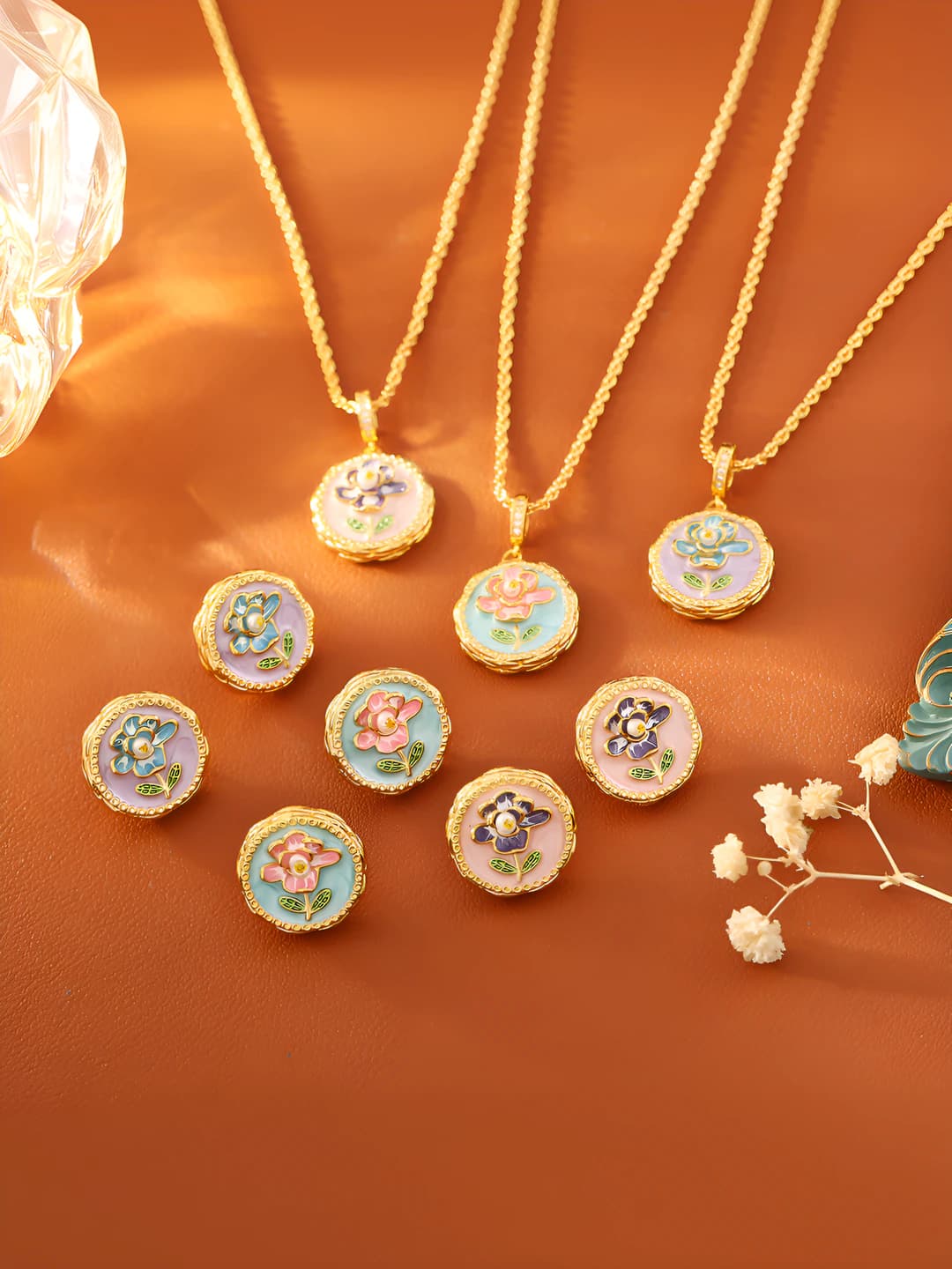 Necklace with floral enamel pendant for women: natural freshwater pearl, Monet garden, retro style, copper, gold plated, 41-50 cm