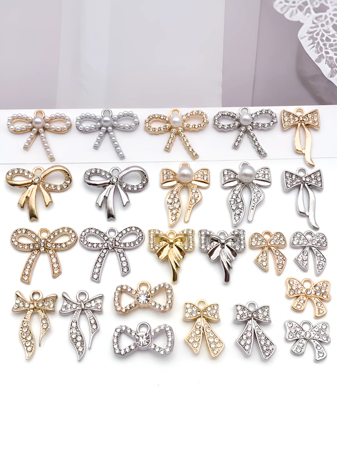 Ayollar uchun DIY rinstonli bow sharmlar/pendantlar, zin alloy, elektroplating, tabiiy uslub, naqsh: bow
