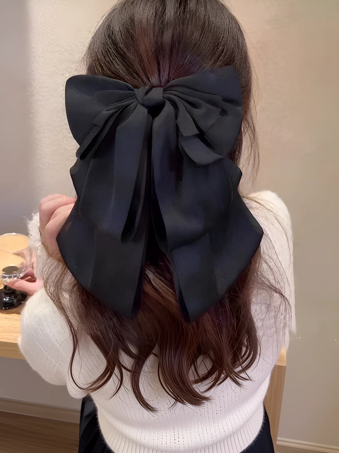 Satin bow hair clip [Black]