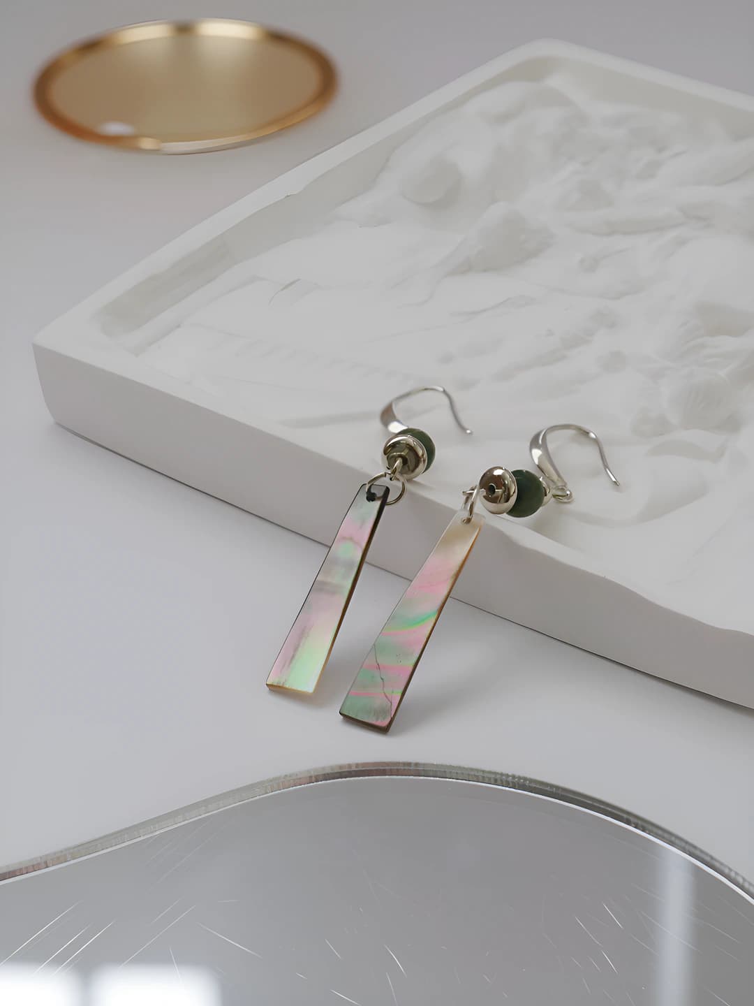 Women's drop earrings with black abalone and pyrite