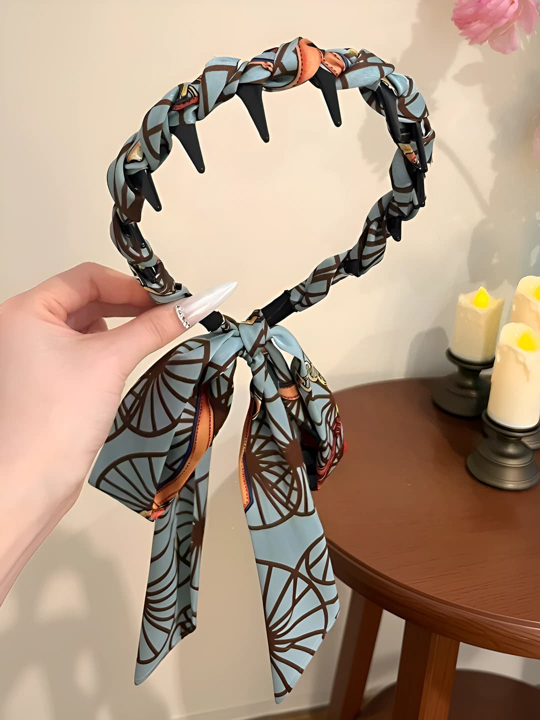 Blue patterned comb ribbon headband