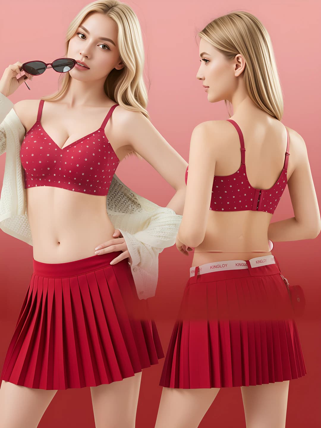 Women's French style red floral seamless bra, breathable, moisture-wicking, with lift effect