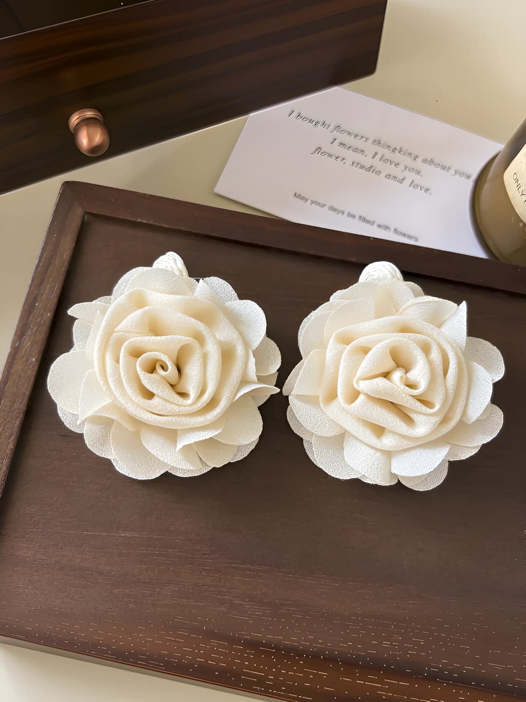 Beige fabric rose studs - 6.3 cm