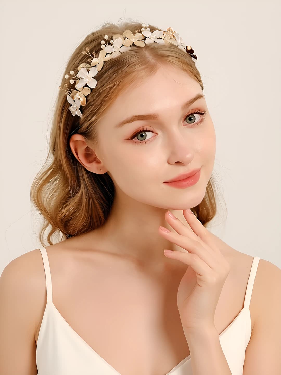 Women's floral pearl headband: handmade, alloy flowers, leaves, crystals, sweet style