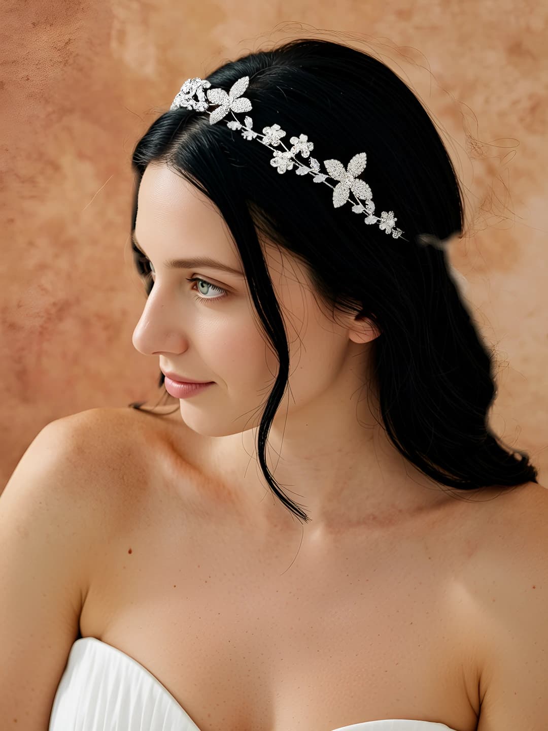 Women's rhinestone headband with metal, leaf and flower design, hollow cut, for wedding and party