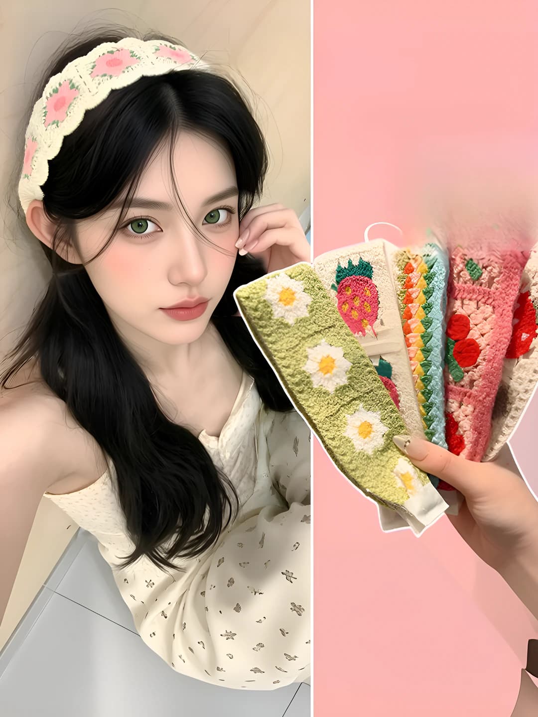 Women's knitted headband with embroidered flowers and velcro for spring-summer, Korean style