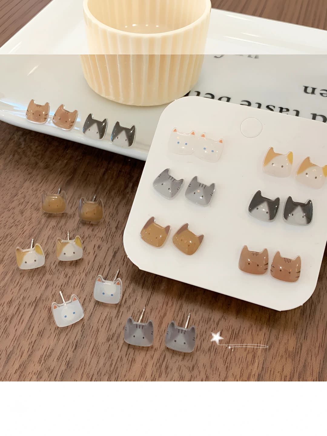 Women's cat-head resin stud earrings set, 925 silver post, handmade, cute style