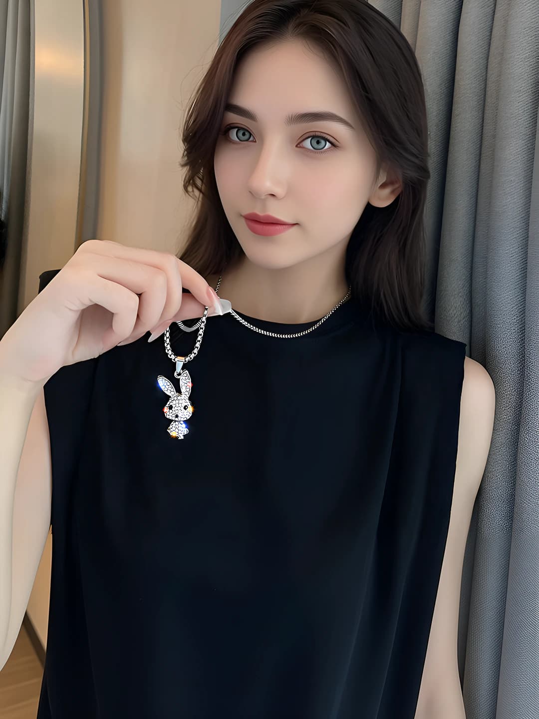 Women's long chain with full diamond rabbit pendant, titanium steel, 51-80 cm
