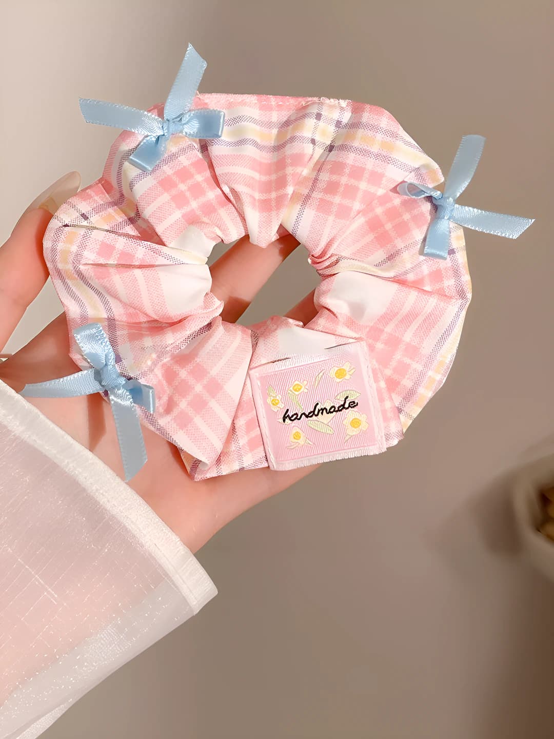 Розовая клетка, бант, 11 см