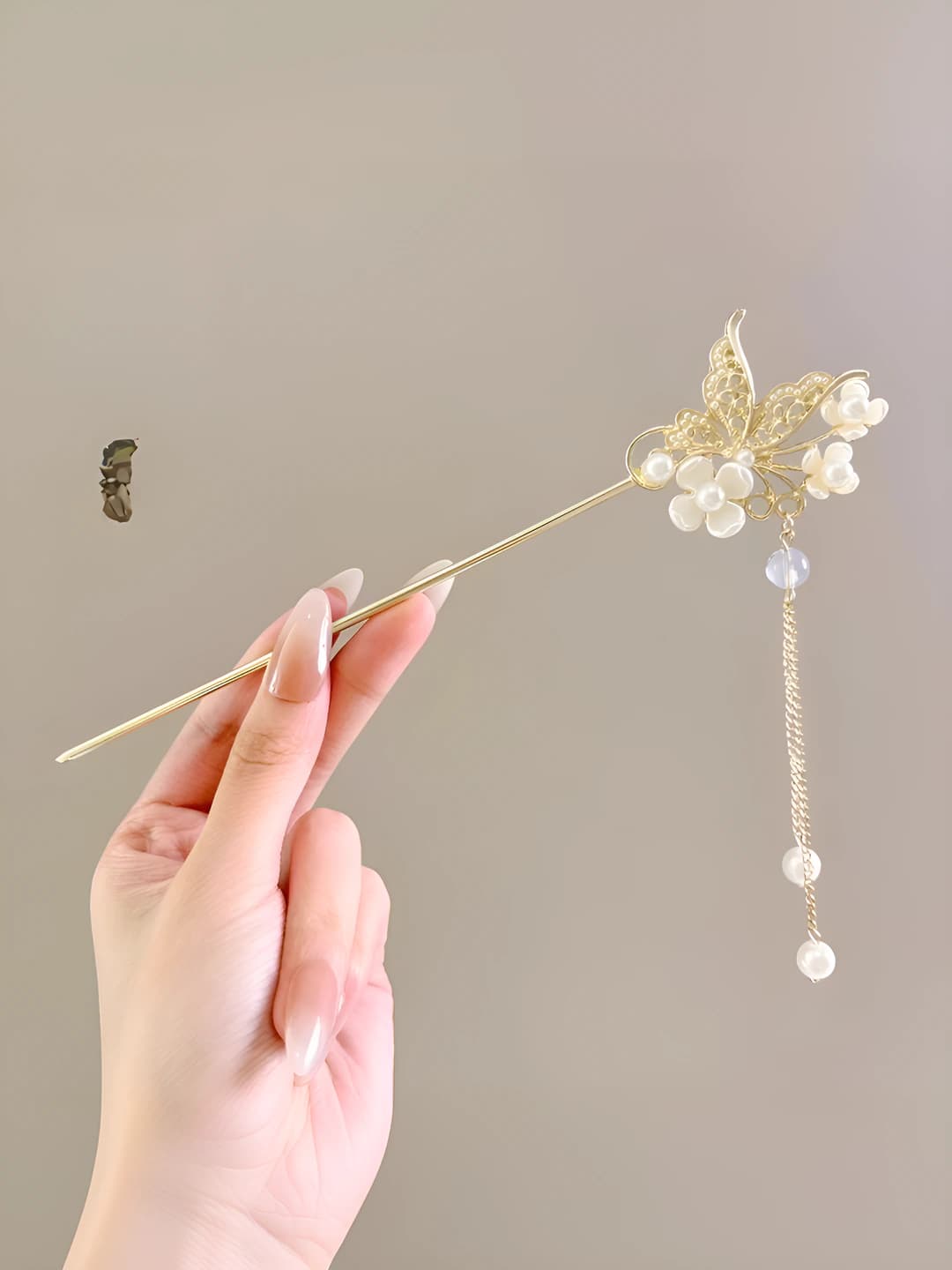 70# Butterfly pearl flower tassel hairpin - Gold