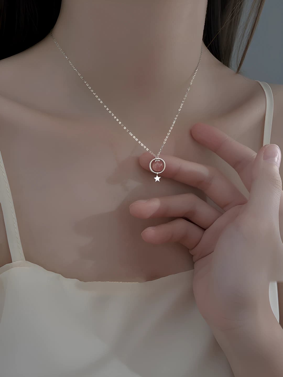 Women's Korean style necklace with star pendant made of straussite and moonstone