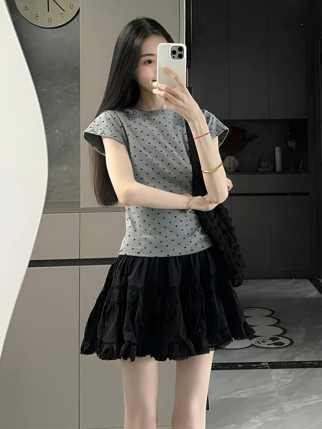 Grey polka dot short sleeve + Black tiered skirt [2 pc]