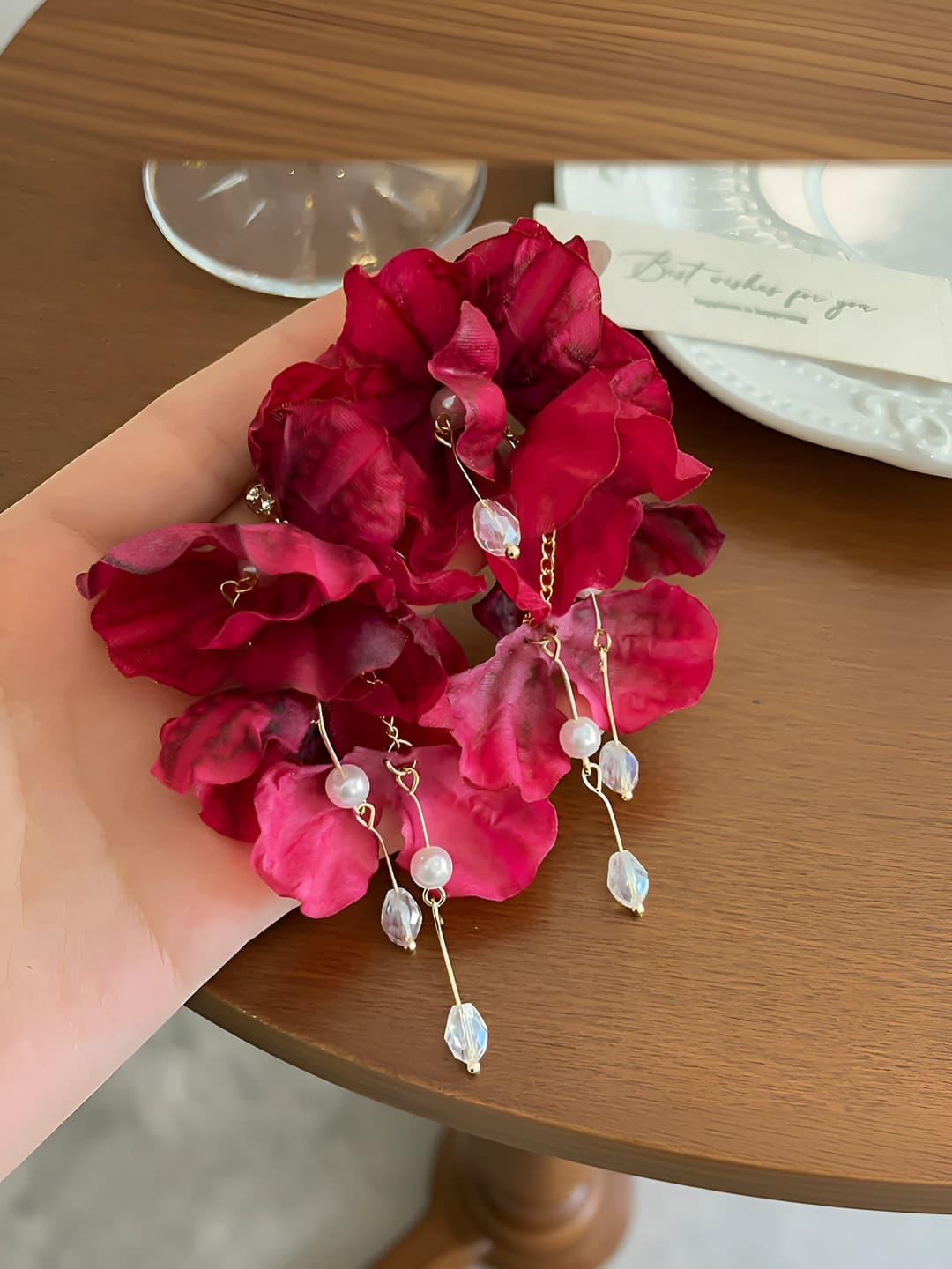 Rose red flower tassel earrings-9.5CM