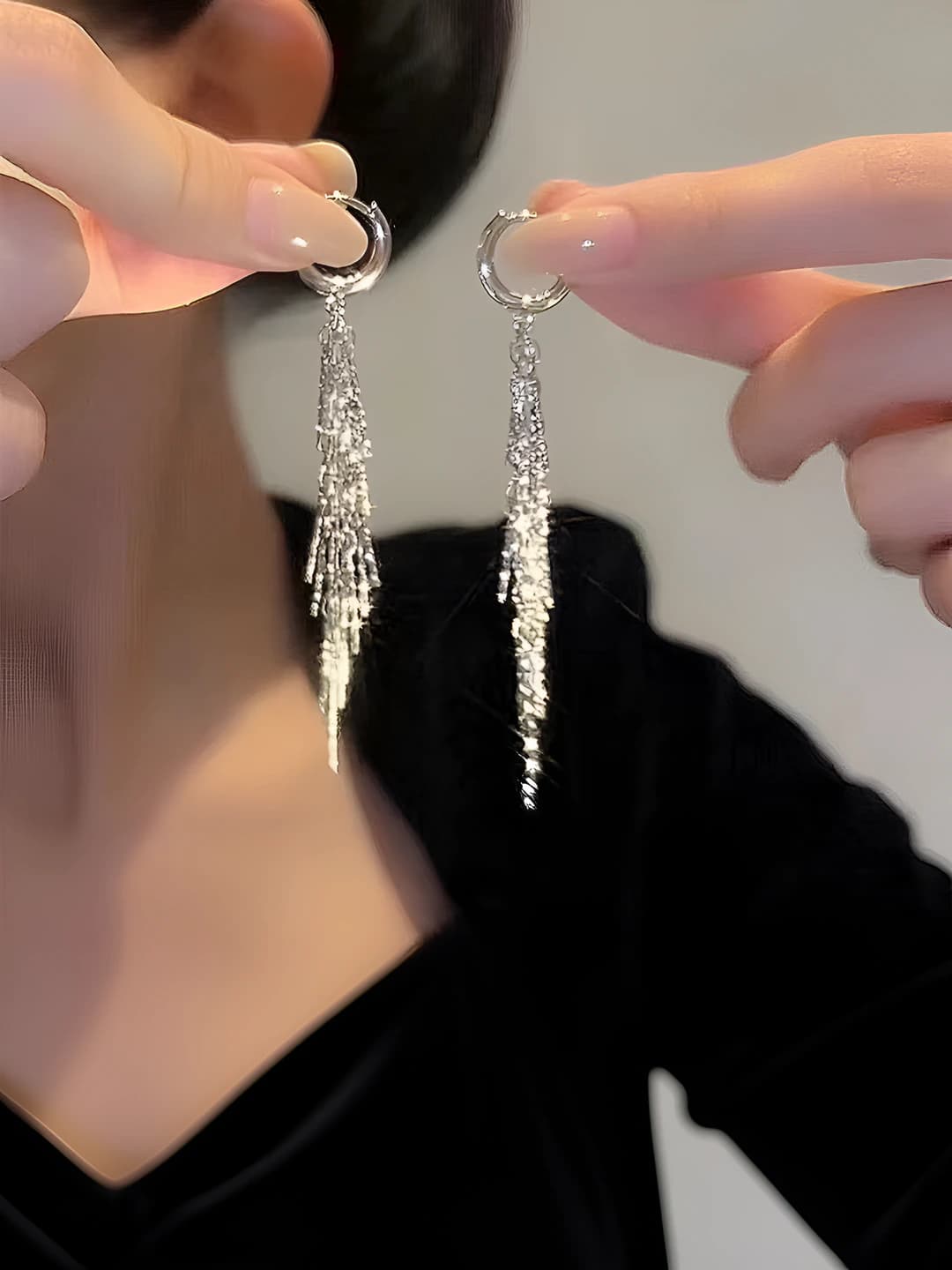 Women's long tassel dangle earrings with floral design, plating, geometric design element, light luxury style
