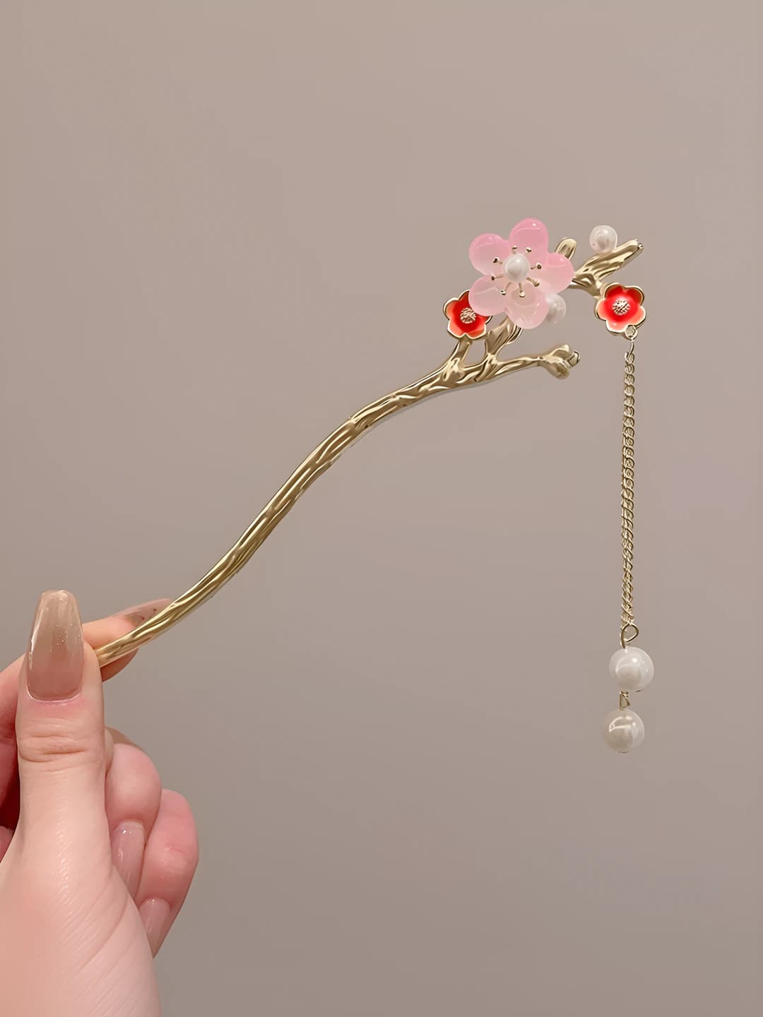 20# Plum blossom pink single flower pearl tassel hairpin (in bag)