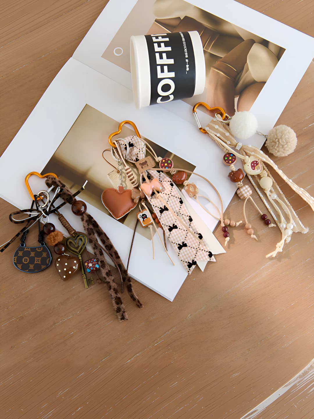 Women's bag charm keychain: handmade Miu style, braided rope and leather, heart shape, maximalist design