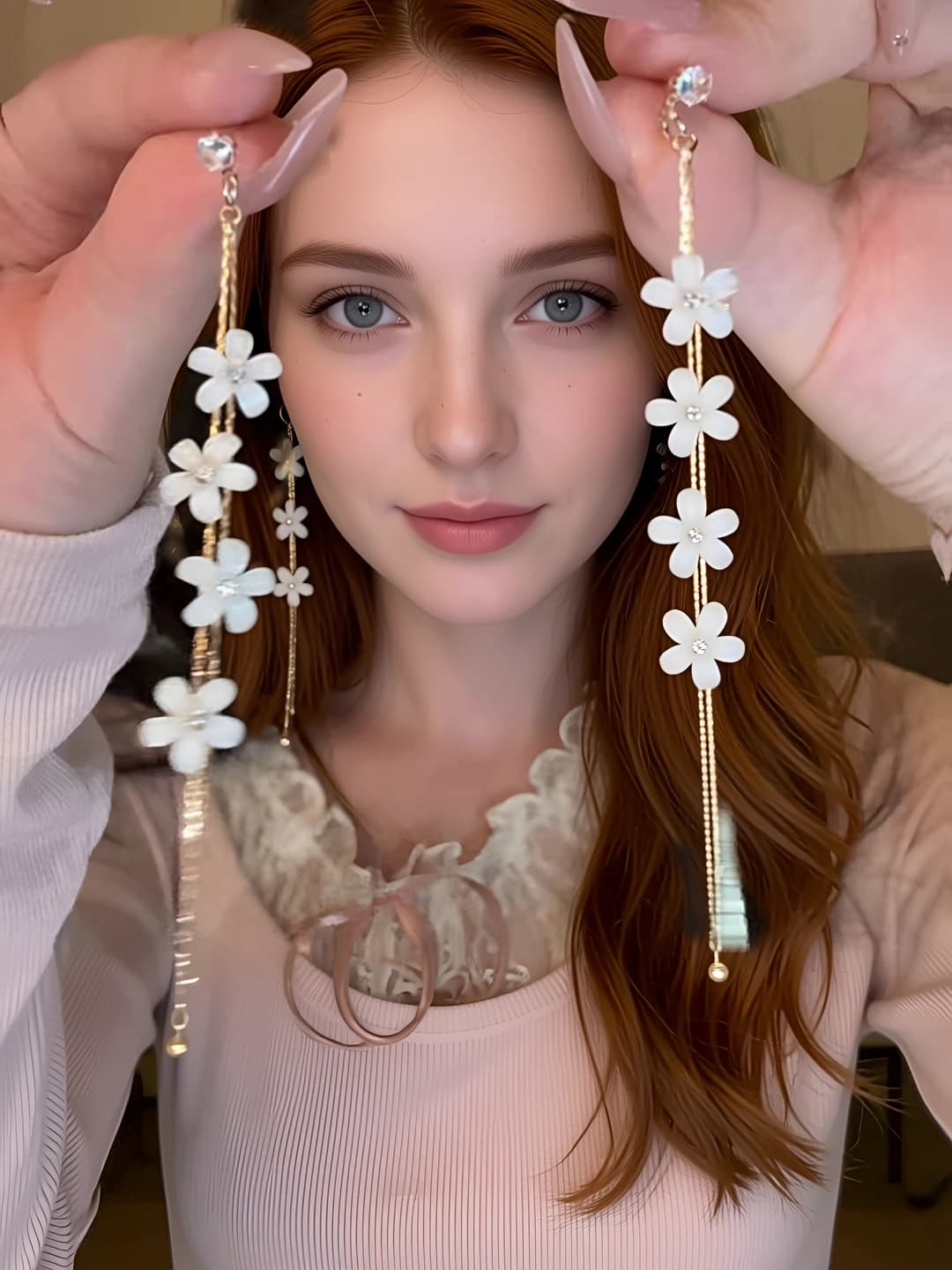 Floral zircon tassel earrings