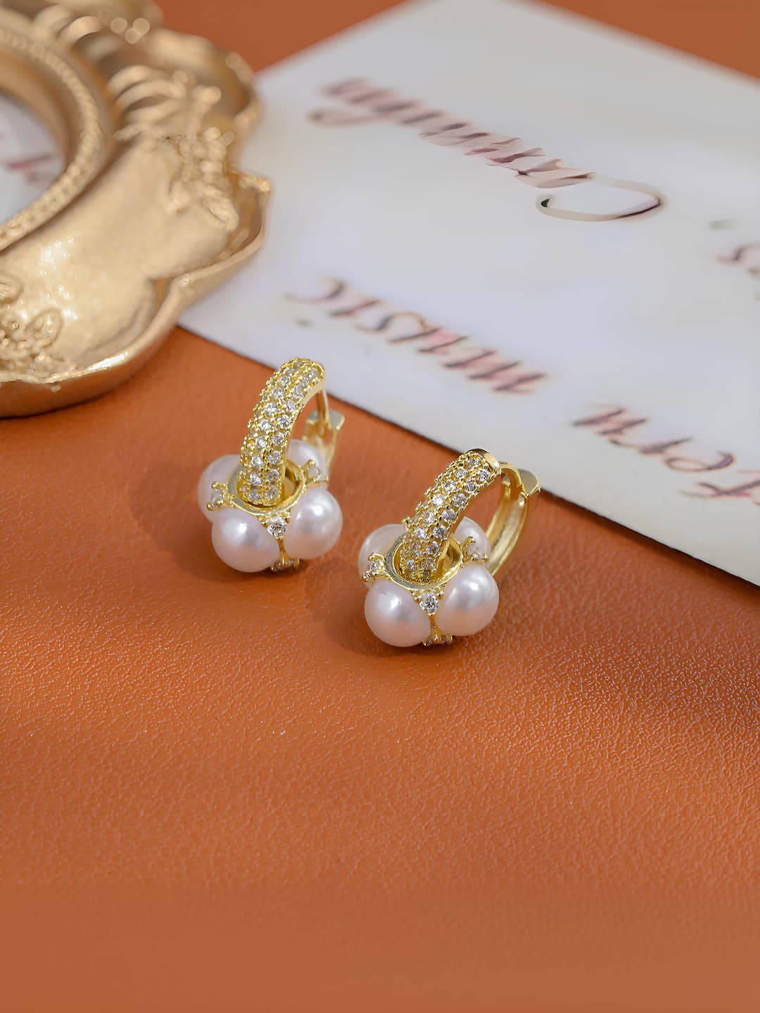 Women's pearl hoop earrings with micro-set full diamonds, OL style, geometric design element, 18K gold post, real gold plating