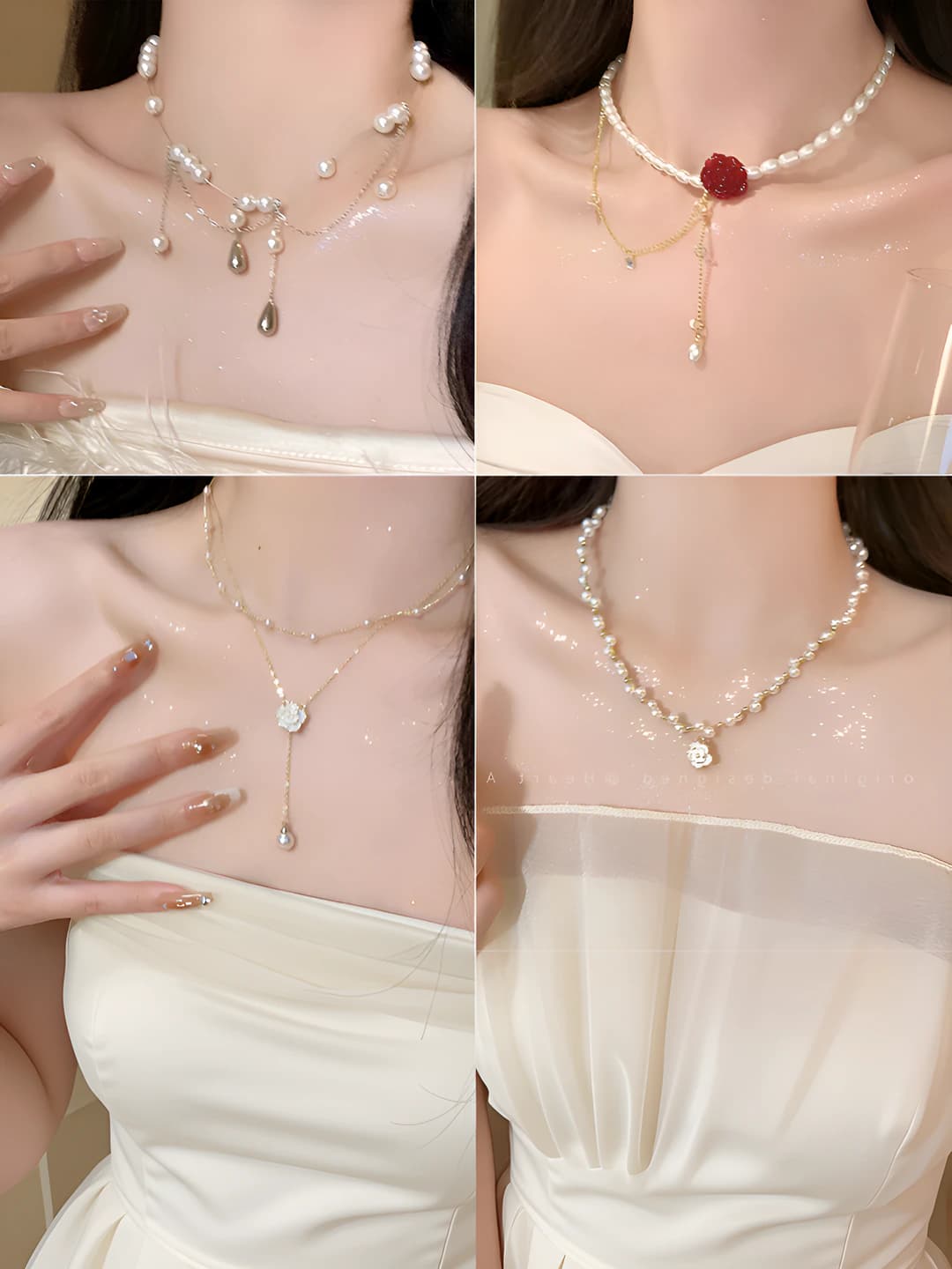 Women's pearl necklace with double beading and teardrop pendant, irregular collarbone chain with fringe, designer style