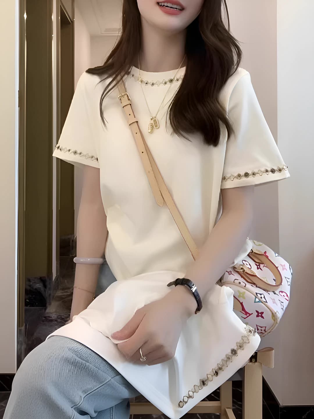 Women's pure cotton short sleeve crew neck t-shirt, solid colour, loose fit, embroidered, summer