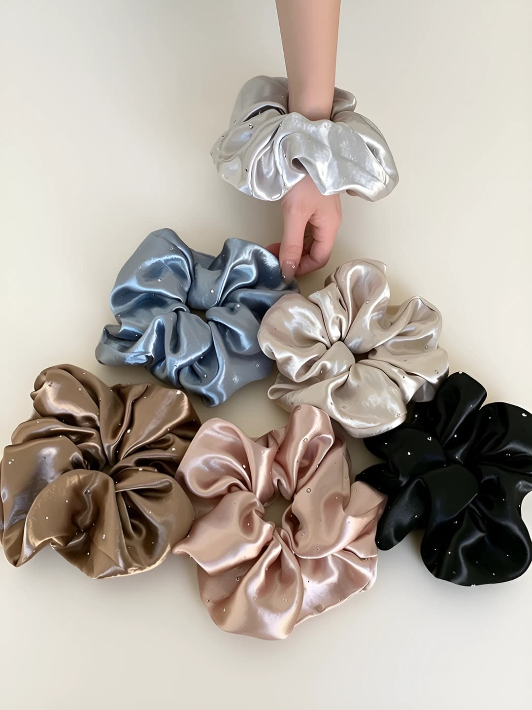 Women's stretch satin hair scrunchie with rhinestones, Korean style
