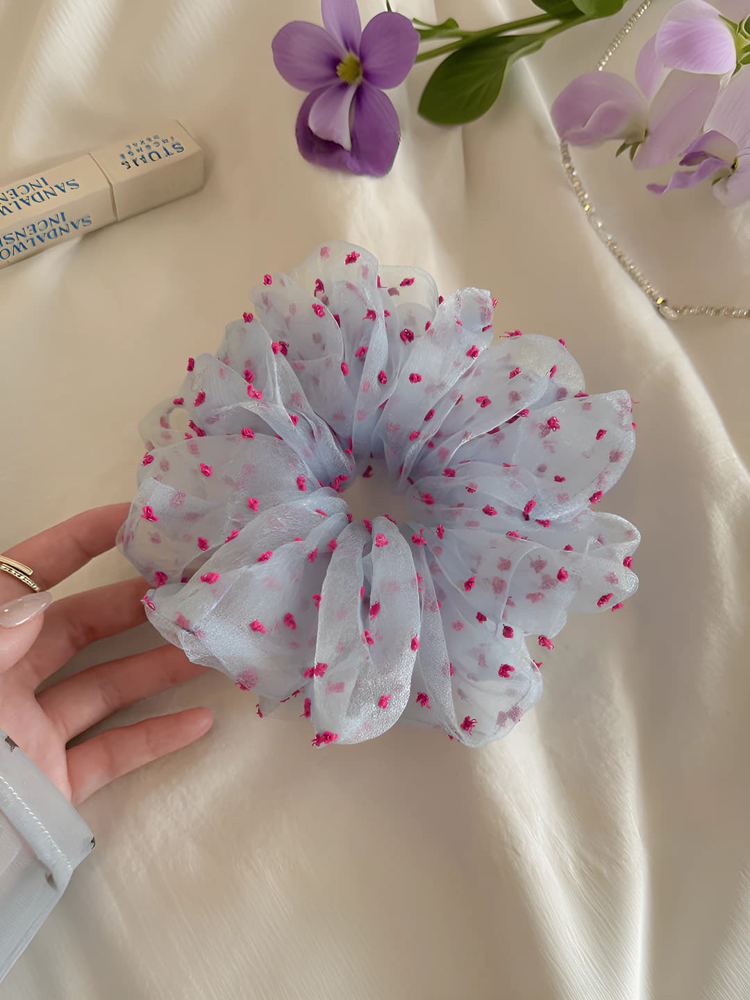 Rose red polka dot tulle hair tie