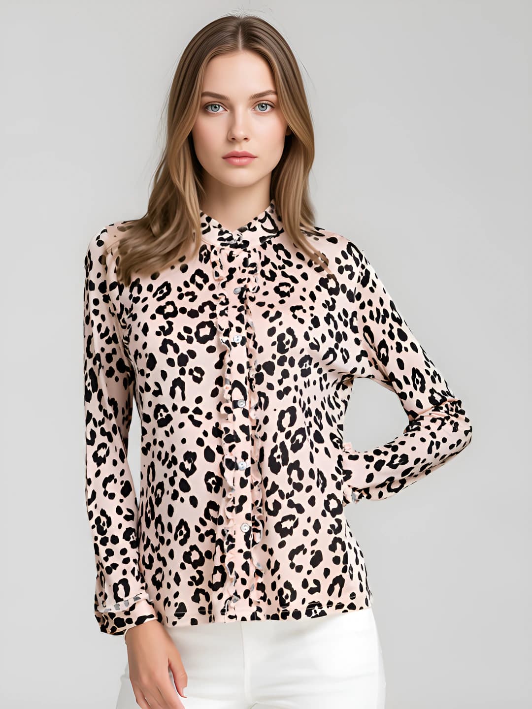 Women's silk blouse, printed, long sleeve, stand collar, slim fit, spring