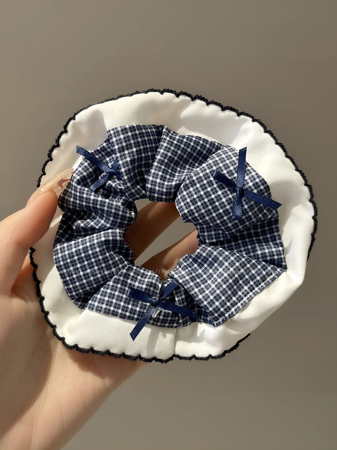 2# Blue small plaid, bow, ~13 cm